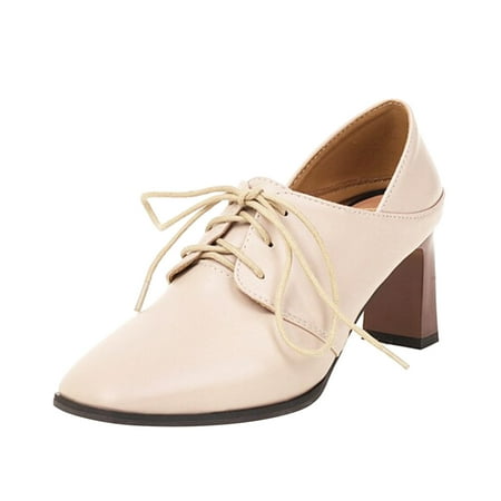 

SEMIMAY Ladies British Fashion Solid Color Lace Up Square Head Thick High Heeled Casual Leather Shoes Pink