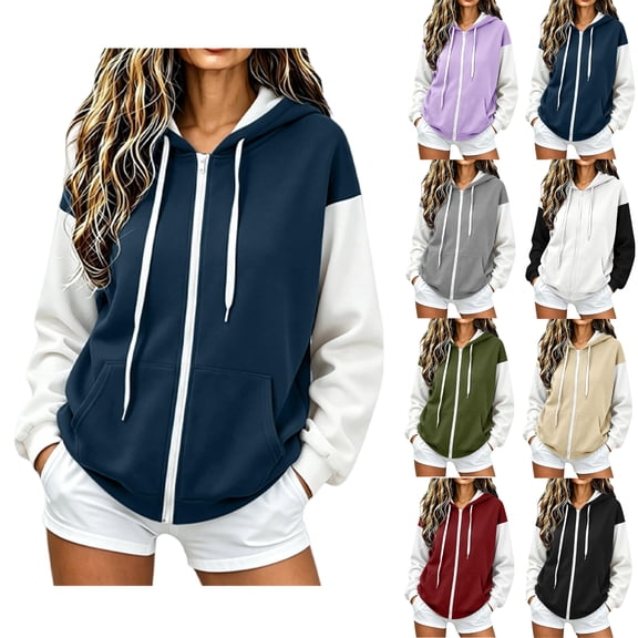 Color Block Zip Up Hoodies for Women Long Sleeve Loose Fit with Pockets Fall Outfits