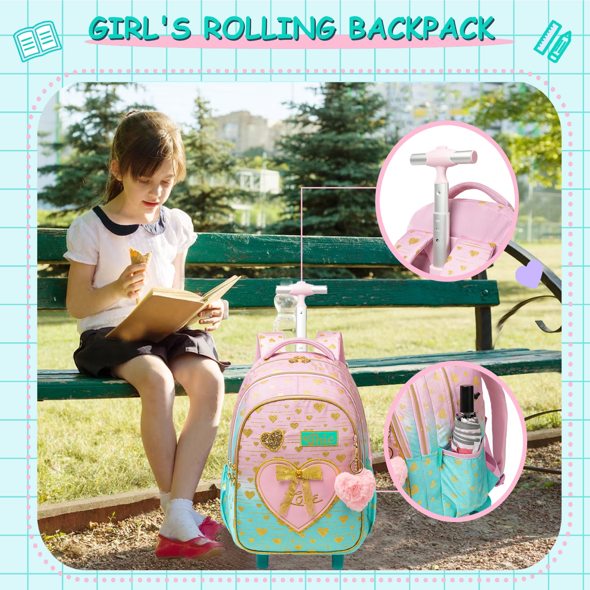 Kids Pink Rolling Backpacks for Girls with Wheels Roller School for Backpack with Lunch Bag Pencil Case for Ages 6-12