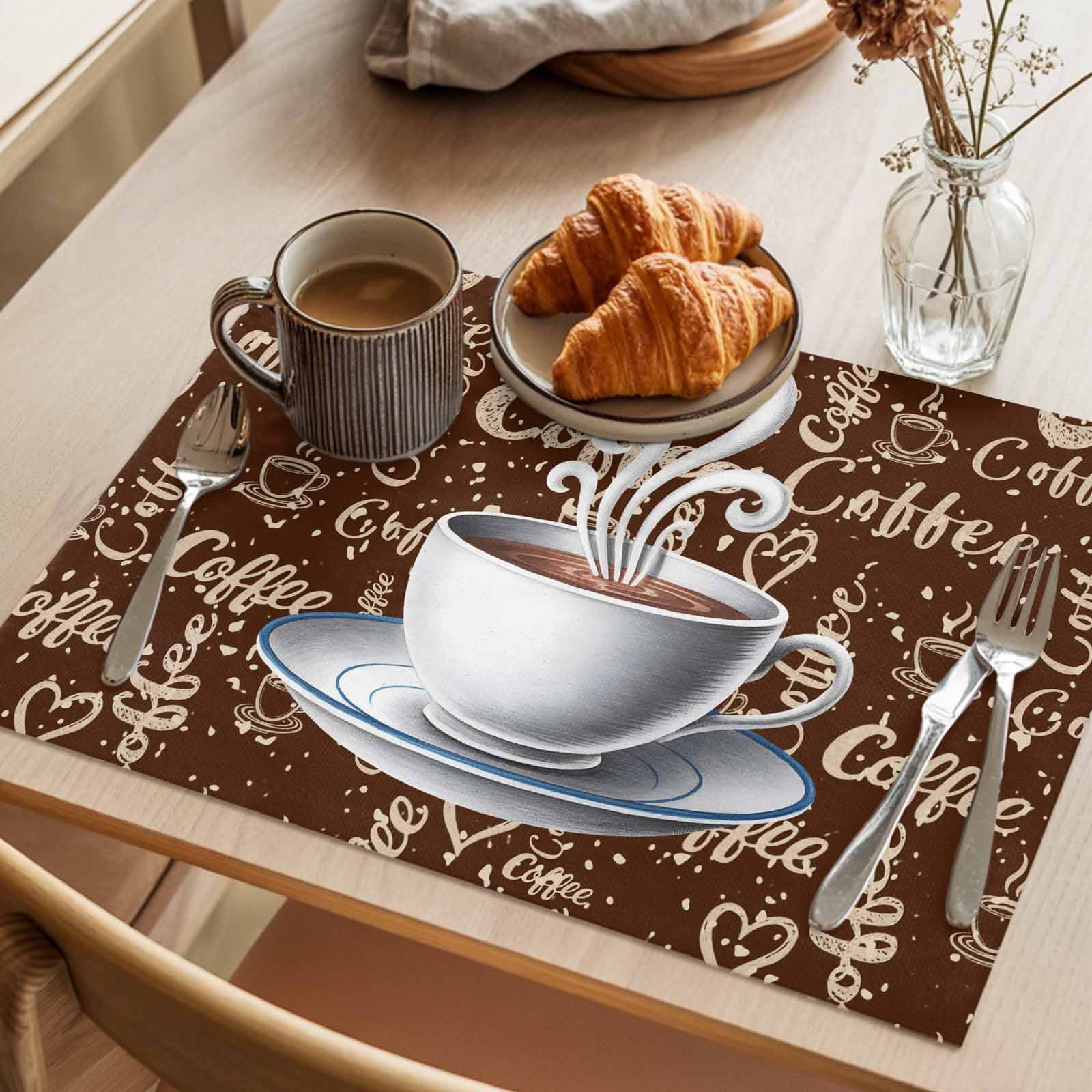 Placemat Set of 4 Coffee Theme Vintage Placemats for Dining Table Retro Country Brown Washable Table Mats for Kitchen and Party Decor Indoor & Outdoor Use