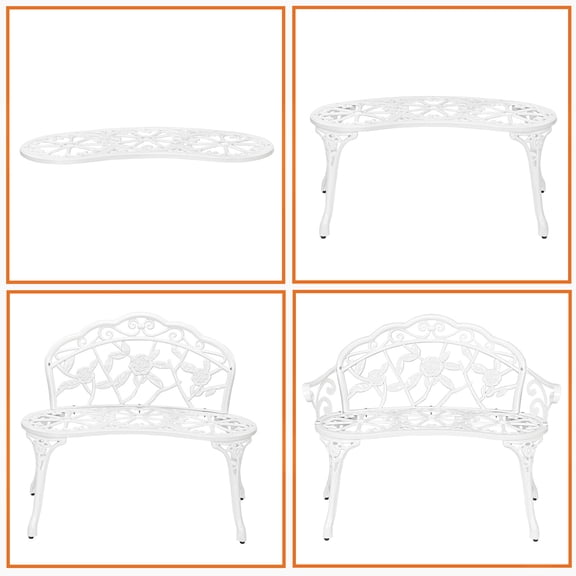 IUKRYU Outdoor Cast Aluminum Patio Bench, Vintage Rose Pattern Design, White Finish, Cast Aluminum Seat & Iron Legs, Weather-Resistant, Ergonomic Comfort, Garden/Park/Patio Furniture
