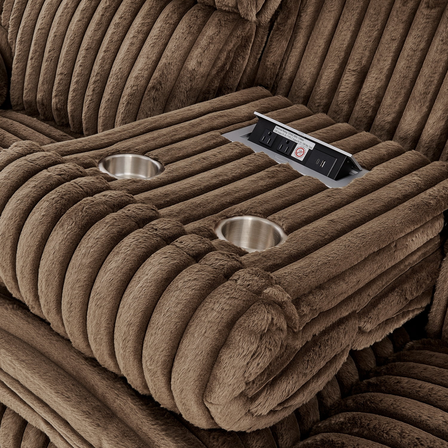 Roundhill Furniture Ardello Manual Reclining Sofa with Wide-Wale Corduroy Upholstery and Built-In Power Center, Chocolate