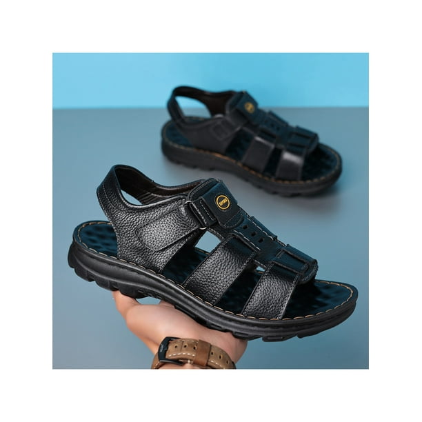 LUXUR Mens Sandals Faux Leather Casual Shoes Summer Flat Non Slip Men s Black 9