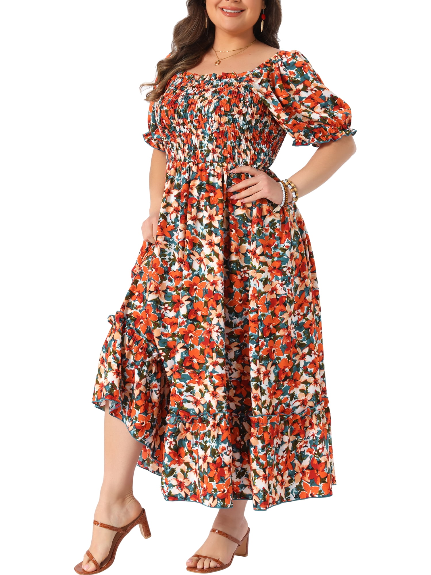 DARING DIVA Women's Plus Size Short Sleeve Square Neck Maxi Floral Dress 4X Red