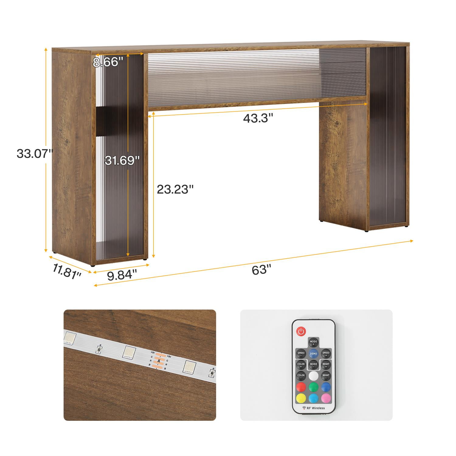 Demi Bonn LED-Lit Console Table, Wooden & Ribbed Glass Entryway Table, Stylish Hall Display for Living Room, Brown