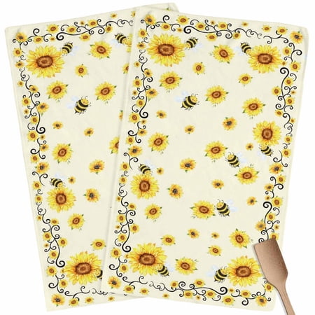 Kitchen Towels Set of 2 Bee Sunflower Wreath Dish Towels and Dishcloths Sets Tea Towel Yellow Farmhouse Floral Absorbent Hand Towels for Kitchen Bathroom Drying Cleaning Baking Home Decor