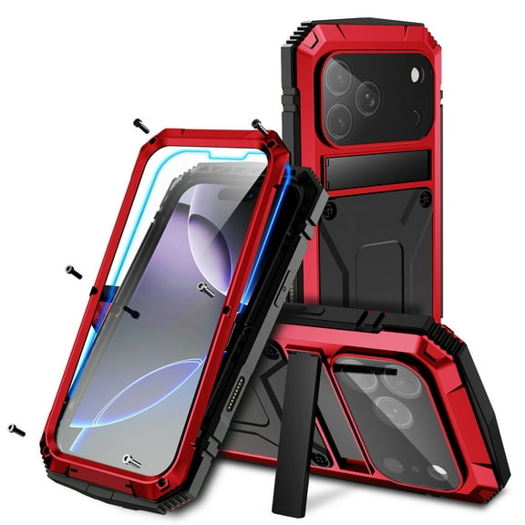 ELEHOLD for iPhone 17 Pro Case,Outdoor Sports Rugged Heavy Duty Full Body Cover with Built in Tempered Glass Screen Protector Hidden Kickstand Shockproof Case for iPhone 17 Pro,Red