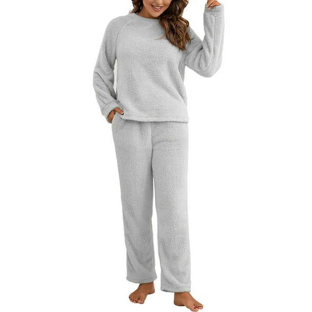 Innerwin Ensemble de Pyjama en Polaire pour Femmes 2 Pcs Couleur Unie Col Rond Chaud Sherpa Gris Clair S