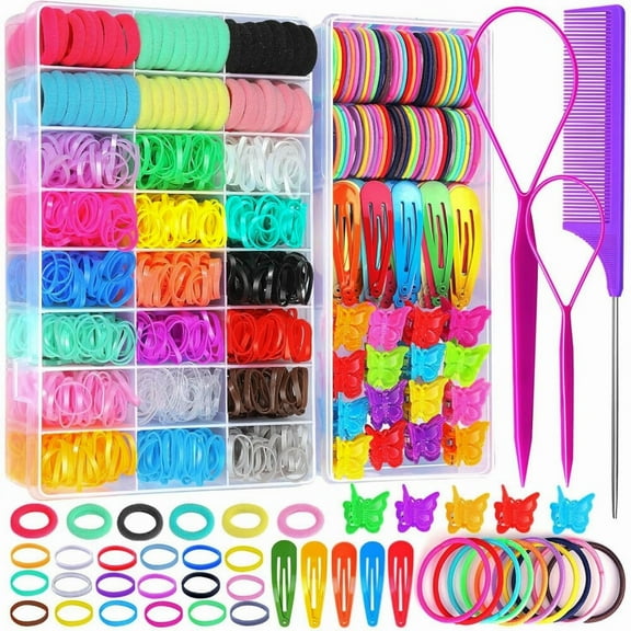 Hair Accessories Set: Colorful Rubber Bands,Cotton Hair Ties,Ponytail Holders,Hair Clips with Organizer Box for Girls,Toddlers