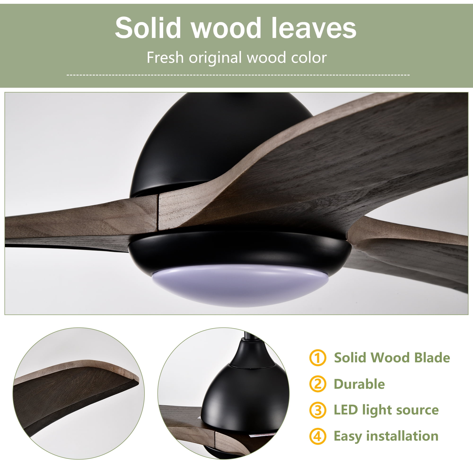 Leumius 52" Solid Wood Blades Ceiling Fan with Light and Remote Control, Noiseless Reversible Motor, 6 Speed for Patio Living Room Bedroom Office Black