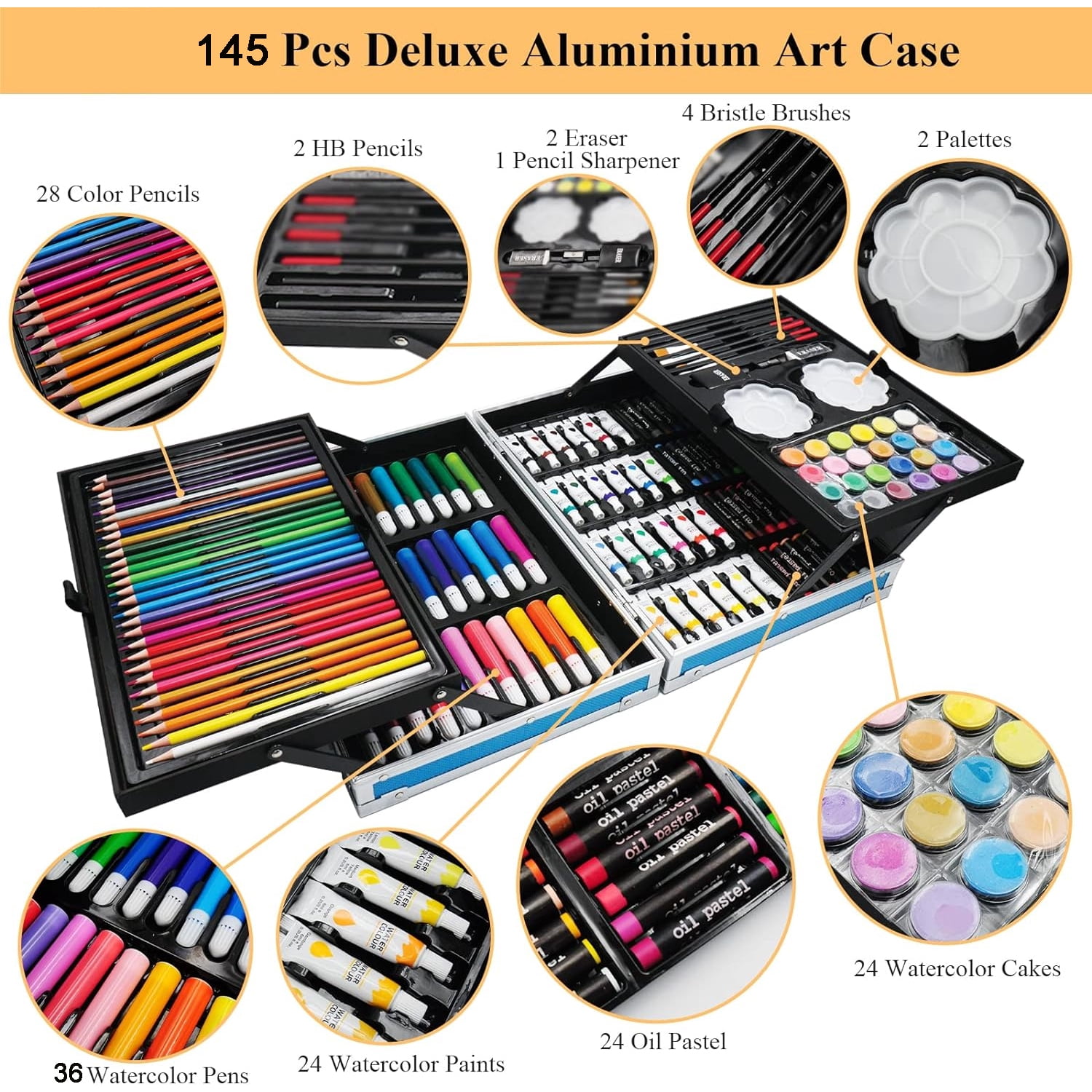 Art Supplies, 145 Pack Deluxe Art Set Drawing Kit for Girls Boys Teens Artist, Deluxe Gift Art Box, Oil Pastels, Acrylic, Watercolor Paints, Crayons, Pencils, Watercolors (Blue)