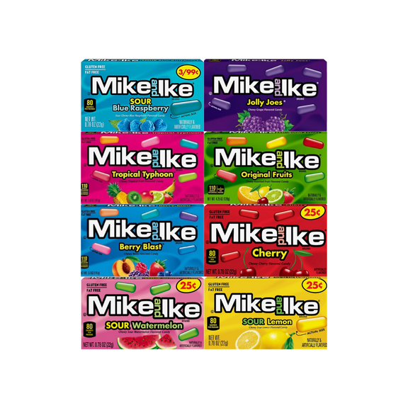 Variety Pack Mike and Ike, Assorted Fruity Chewy Candy, Includes Sour Blue Raspberry, Jolly Joes, Tropical Typhoon, Original Fruits, Berry Blast, Cherry, Sour Watermelon, Sour Lemon, 0.78 oz, 8 Pack