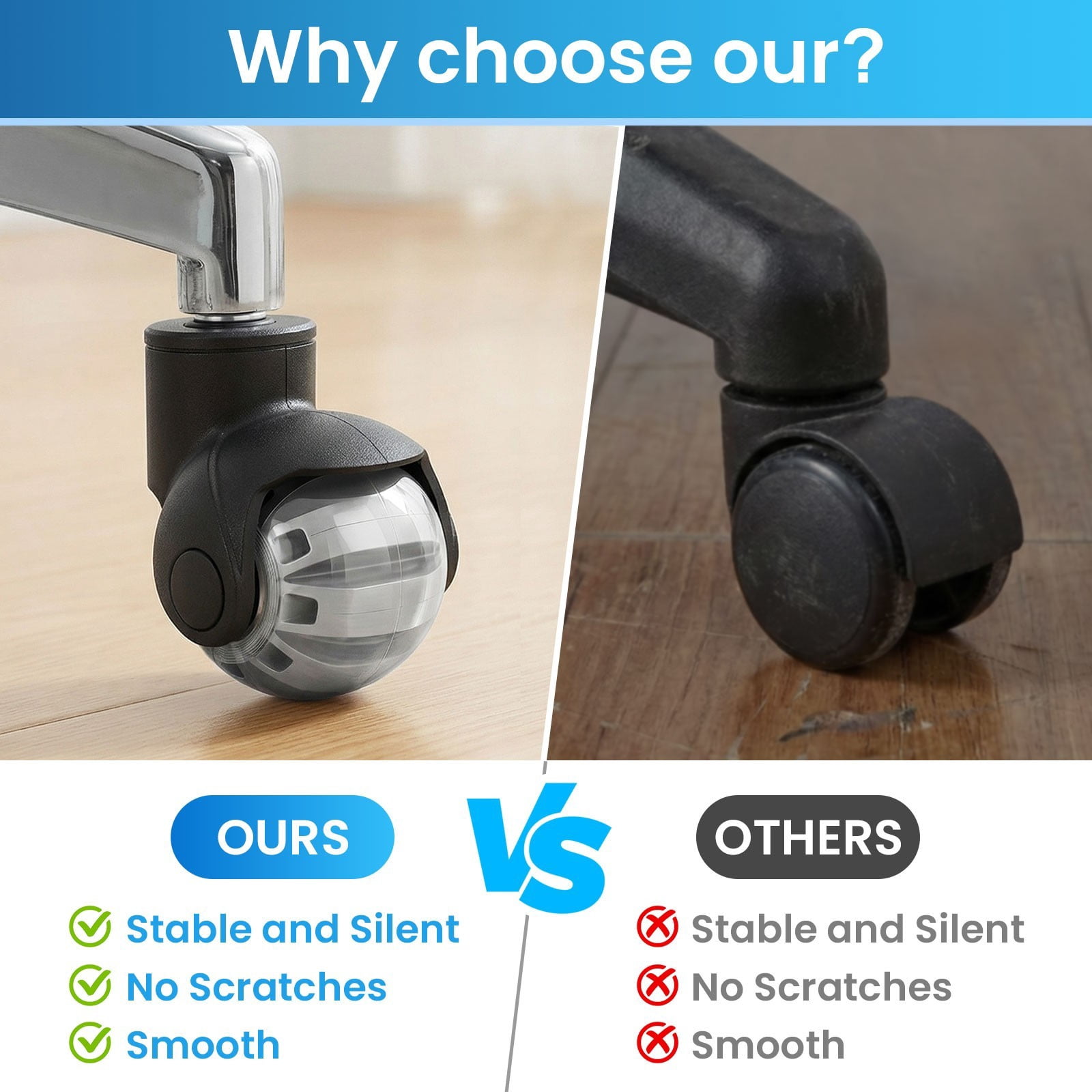 TOPCHANCES 2" Quiet Smooth Office Chair Wheels – 360° Swivel Universal Stem Caster Set of 5, for Hardwood & Carpet, No Tools