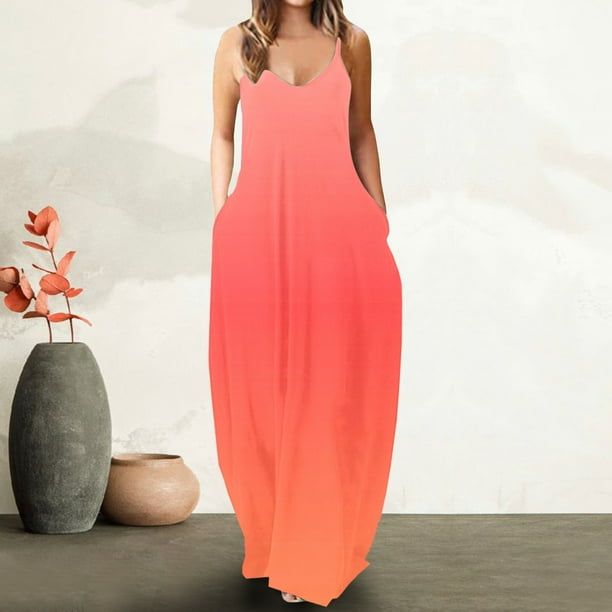 Puntoco Vestidos Mujer Verano Mujer Suelto Bolsillo Cuello En V Impresión Degradado Sin Mangas Suelto Casual Sling Vestido Largo