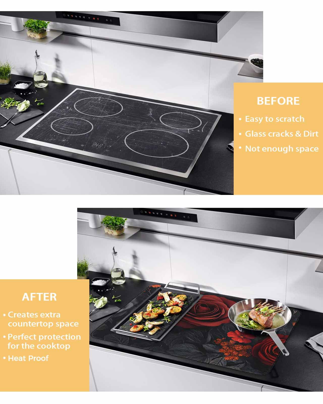 nqOlkjepod Large Induction Cooktop Protector Mat 36"x21", Red Orange Roses Stove Top Covers for Electric Stove, Elegant Romantic Flowers Pastoral Stove Burner Cover Mats, Glass Top Stove Cover