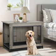 Walsunny Wooden Dog Crate Furniture,Double-Doors Kennel Indoor with Divider and Removable Tray,End Table Dog Crate for Decoration 44.1"L x 29.5"W x 32.3"H，Grey