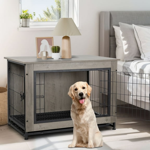 Walsunny Wooden Dog Crate Furniture,Double-Doors Kennel Indoor with Divider and Removable Tray,End Table Dog Crate for Decoration 44.1"L x 29.5"W x 32.3"H,Grey
