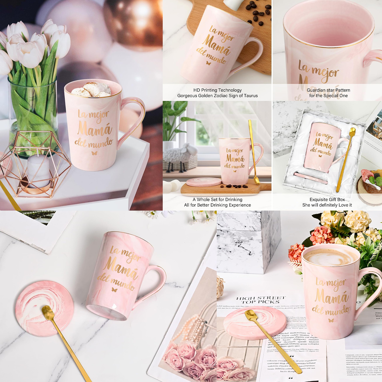Gifts for Mother - La Mejor Mama Del Mundo Mugs, Mothers Day Gifts, Birthday Gifts, Christmas Gifts, Futtumy 14 fl oz Pink Marble Coffee Mugs Ceramic Mug Tea Cup