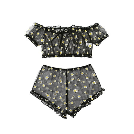 

Women s Lingerie Set Off Shoulder Self Tie Daisy Floral Frill Trim Mesh Set