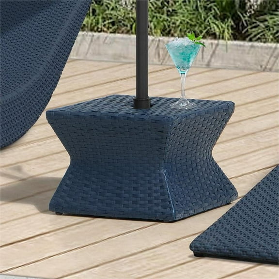 Outdoor Side Patio Table with Umbrella Hole, Sunjoy Poolside 16-Inch Rattan Wicker Square Combination Umbrella Stand Side Table, Navy