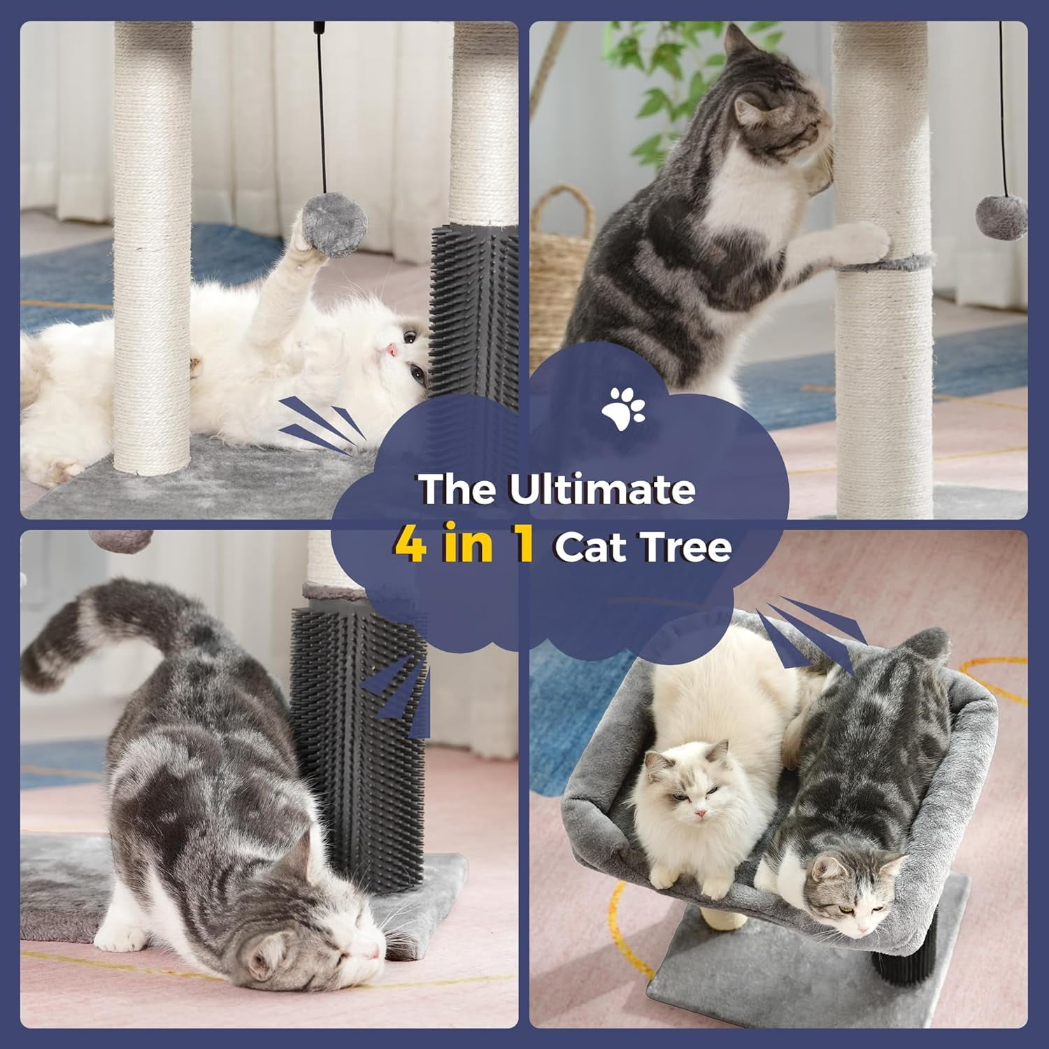 Cat Tree Tower for Large Cats Cat Scratching Post with Cat Self Groomer,Top Bed, Thick Scratch Post Danging Ball Great for Indoor Cats