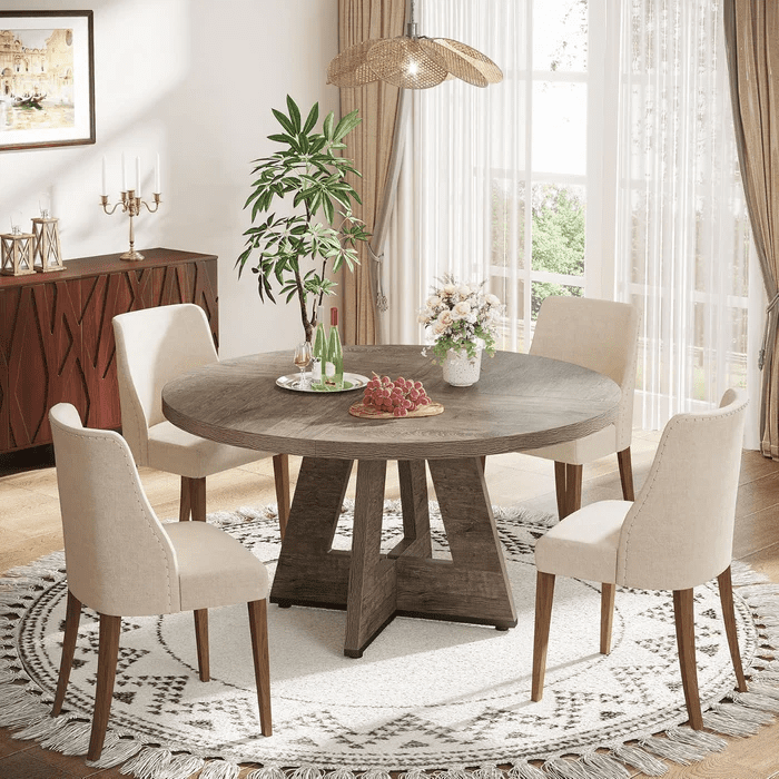 47" Round Dining Table for 4, Wooden Farmhouse Kitchen Table, Sturdy Dinner Table for Family Meals & Gatherings