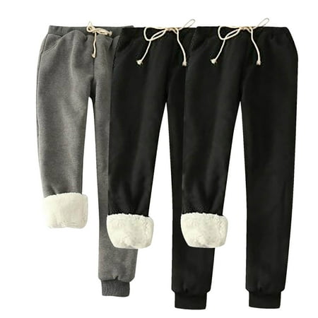 ctdiral 3 Pack Fleeve Pants for Women Winter Sherpa Lined Warm Sweatpants Plus Size High Waisted Drawstring Long Pants with Pockets Solid Color Loose Fit Sleepwear Trousers Black L