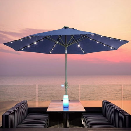 - ORNO TTOBE 10 Ft 32 LED Light Solar Patio Outdoor Market Aluminum Umbrella with Push Button Navy Blue, 8 Ribs