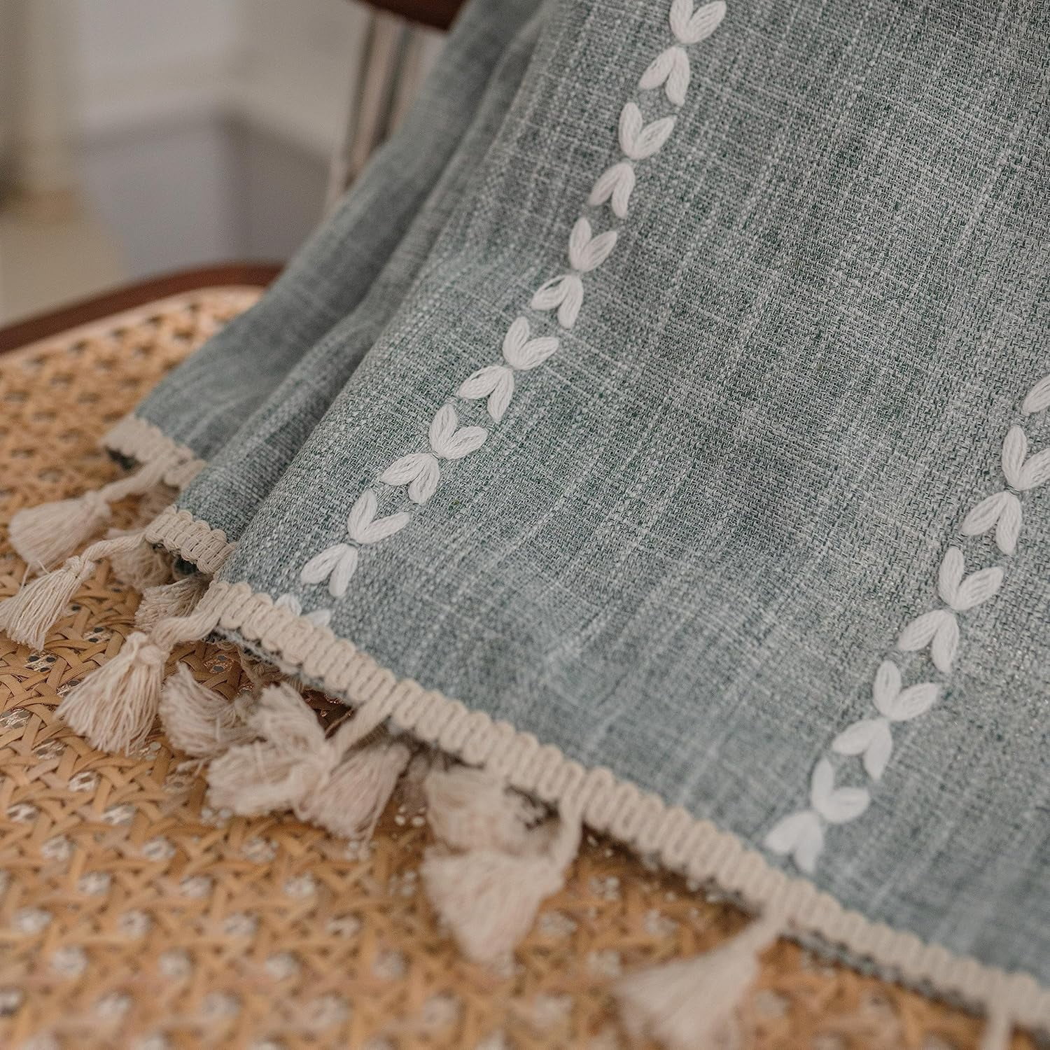 Psoiuetr Blue Boho Curtains for Bedroom Living Room Linen Cotton Embroidered Semi Blackout Farmhouse Window Treatment Drape Vintage Tassels Rod Pocket 1 Panel 52" W x 84" L