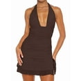 thumbnail image 1 of Women'S Backless Deep V Neck Ruched Bodycon Dress Summer Side Slit Mesh Hem Club Party Short Mini Dress Brown S, 1 of 9