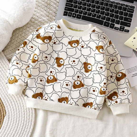 NAISIBABY Girls Boys Sweatshirt, Winter Thicken Long Sleeve Crew Neck Casual Pullover Tops Khaki 1-2T