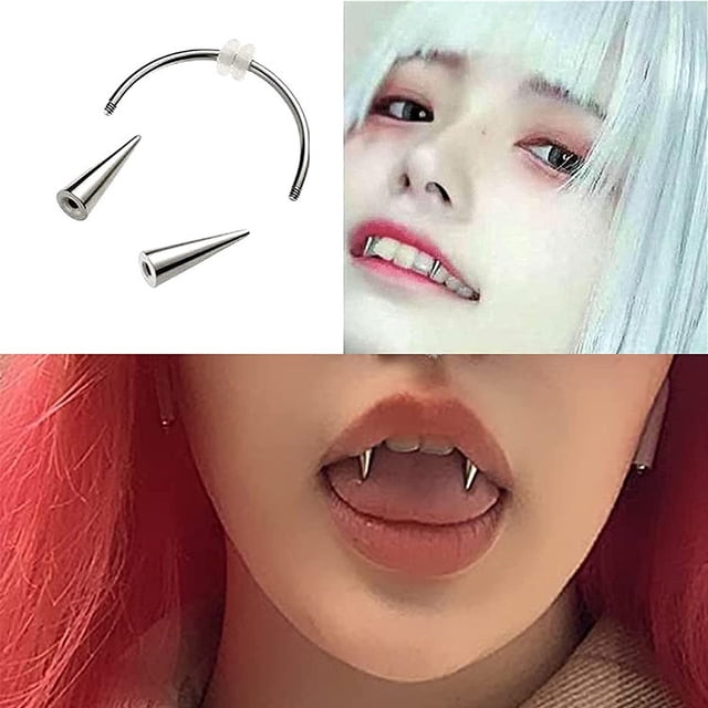 2 piezas de acero inoxidable C varilla Drácula vampiro colmillos diente Smiley Piercing Punk oreja Piercing pendientes tendencia cuerpo joyería ZefeiWu 8390613076977