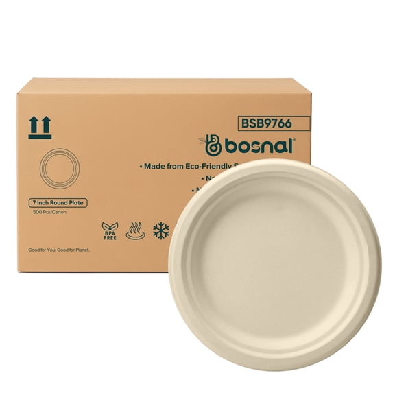 BOSNAL 7 inch Round Compostable Plates, Bulk Box of 500 Pcs (20 Sets of 25) Sugarcane Bagasse Disposable Plates, Microwave Safe, Bpa Free
