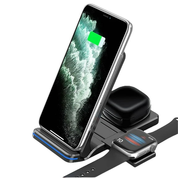 3-in-1 Foldable Wireless Charger Stand for iPhone Fast 15W Charging Dock Station for Apple Watch-Black
