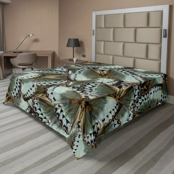 Ambesonne Exotic Flat Sheet, Butterflies Jungle Queen, Full Size, Almond Green Black