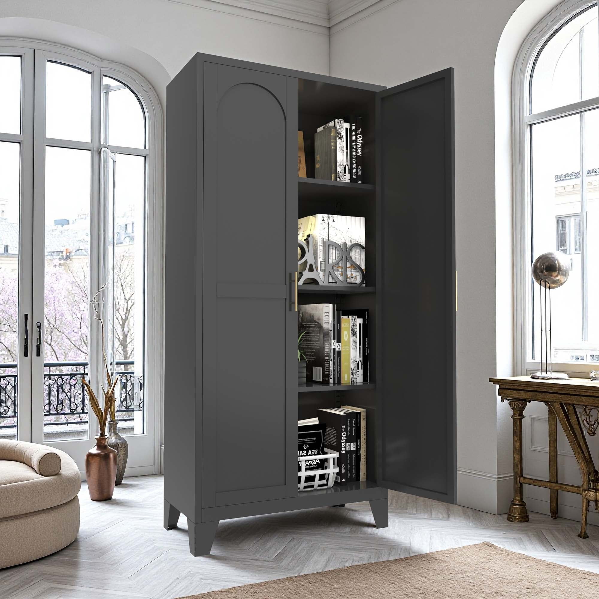 Miniyam 61"H Metal Storage Cabinet with 2 Shaped Doors & Adjustable Shelves – Black, for Bedroom/Living Room