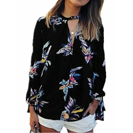 - Women Floral Print Long Sleeve Chiffon Shirt Blouse Tops