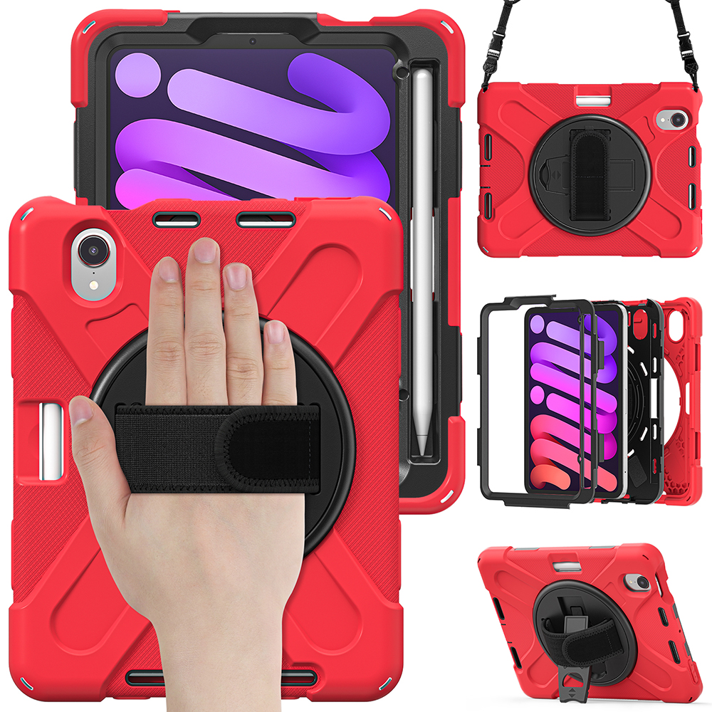 For Apple iPad Mini 6 (2021) Heavy Duty Rugged Hybrid with Kickstand, Shoulder Hand Strap, Pencil Holder Shockproof Full Protective Cover ,Xpm Phone Case [Red]