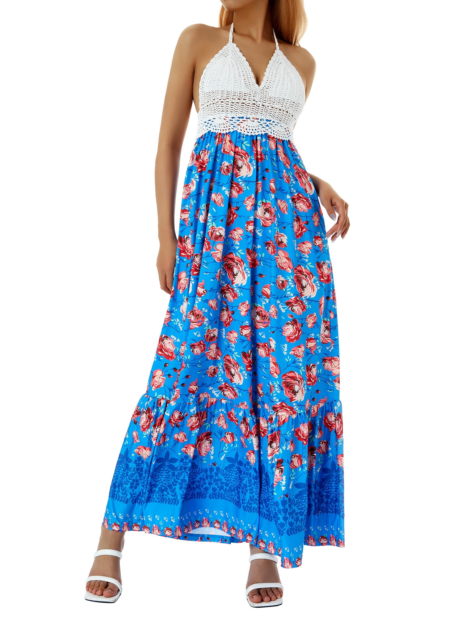 Inevnen Women's Beach Crochet Backless Bohemian Halter Maxi Long Dress