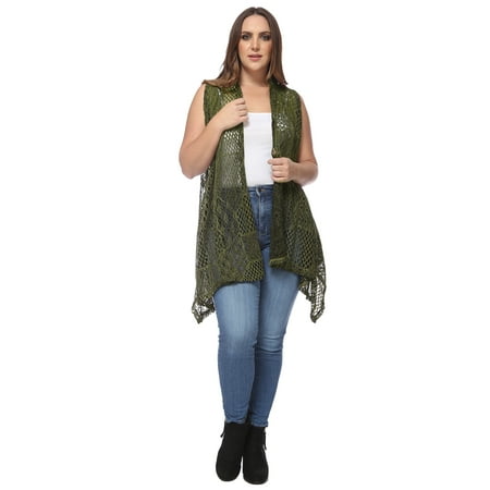 Women s Plus Size Summer Open Front Hippie Crochet Bikini Cover Up Sleeveless Draped Shawl Cardigan Vest  Olive Green  X-Large/XX-Large