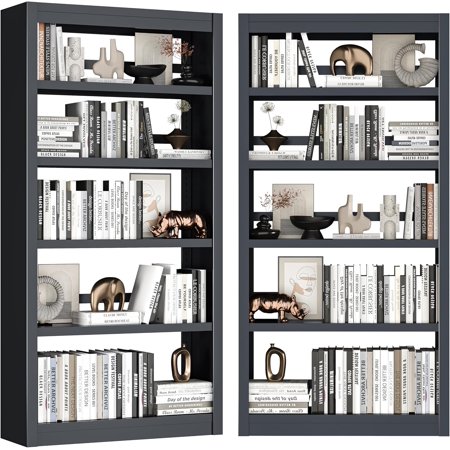 GlowPlume Black Bookshelf,6-Tier Bookcase with Adjustable Storage Shelves,Metal Bookshelf with Book Stopper for Living Room Home Office Library