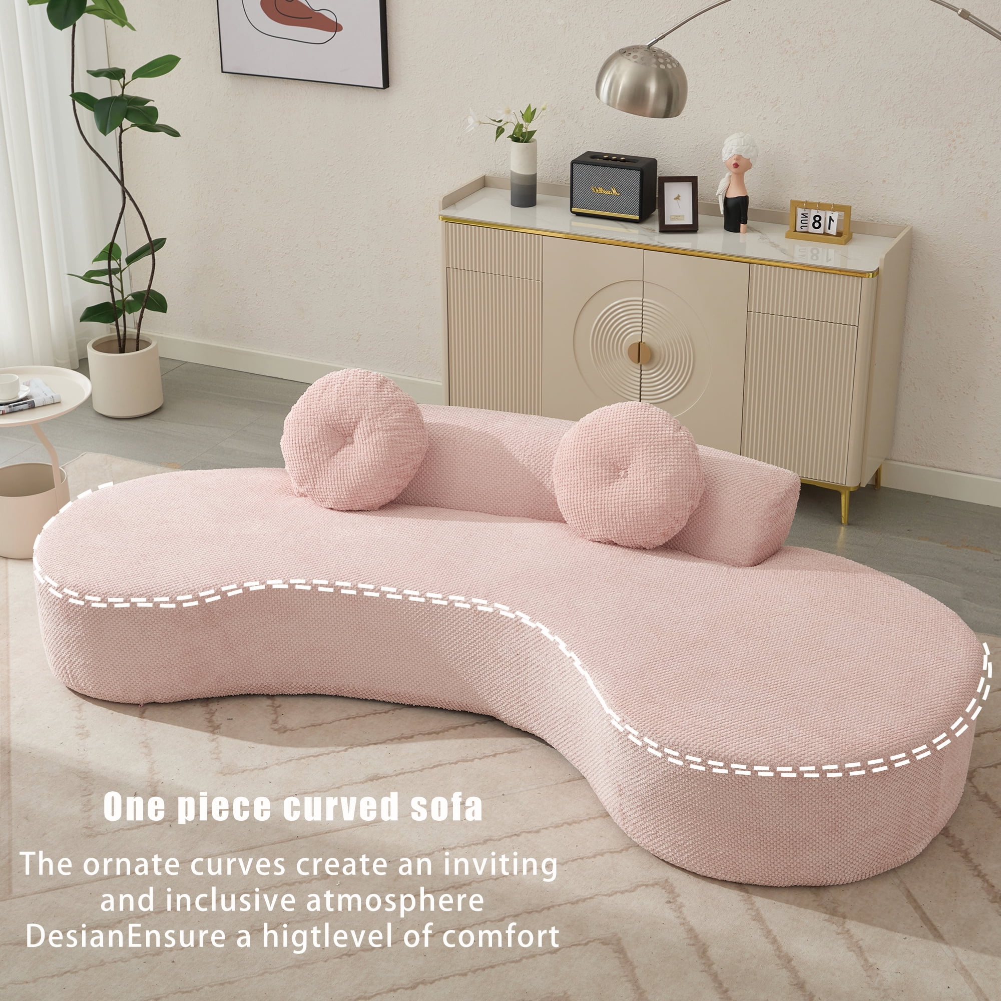 Aukfa 106" Curved Chaise Sofa Deep Seat Sofa for Living Room, 2 Pillows, Corduroy, Pink
