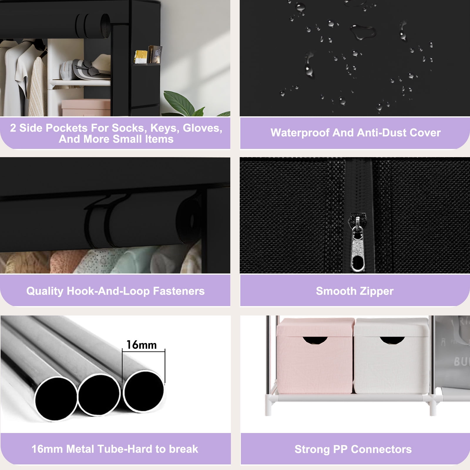 BAOKALER Black No-Assembly Portable Closet:6 Shelves,1 Hanging Rod,4 Side Pockets–Ideal for Bedroom, Living Room, Cloakroom, Garage, Dorm, Apartment
