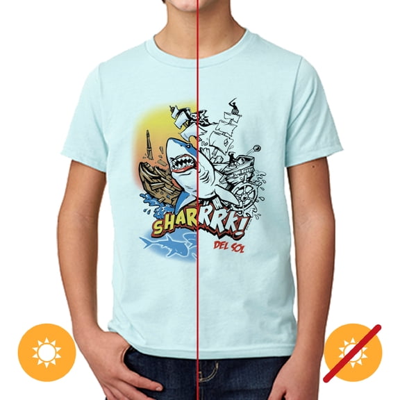 Del Sol Youth Boys Premium Crew Tee - Sharrrk!, Ice Blue T-Shirt - Changes from Black to Vibrant colors in the Sun - 100% Combed, Ring-Spun Cotton, Relaxed Fit