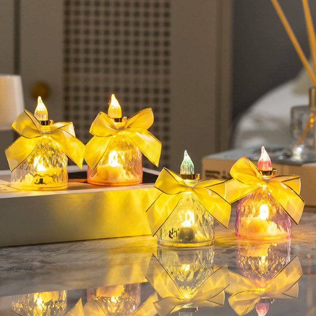 Lámpara de Noche Led Azul Navideña Sin Llama con Forma de Lazo y Luz de Vela de Cristal | Decoración Navideña | Plástico | 8,1 X 5 X 5 Cm | 30 G | Decoración para Fiestas