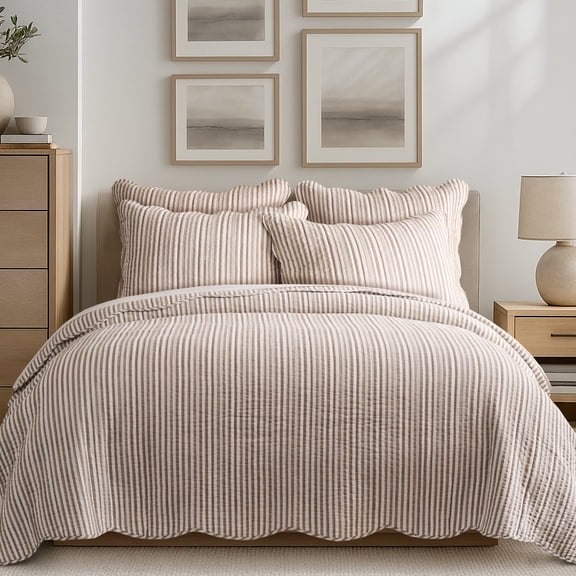 Levtex Home Martha Stripe Taupe Reversible Twin XL / Twin Quilt Set (68x86in) with 1 Pillow Sham (26x20in) - Stripe Bedding - Taupe, White - Cotton Twin Size Quilt Bedding Set - Scalloped Edge