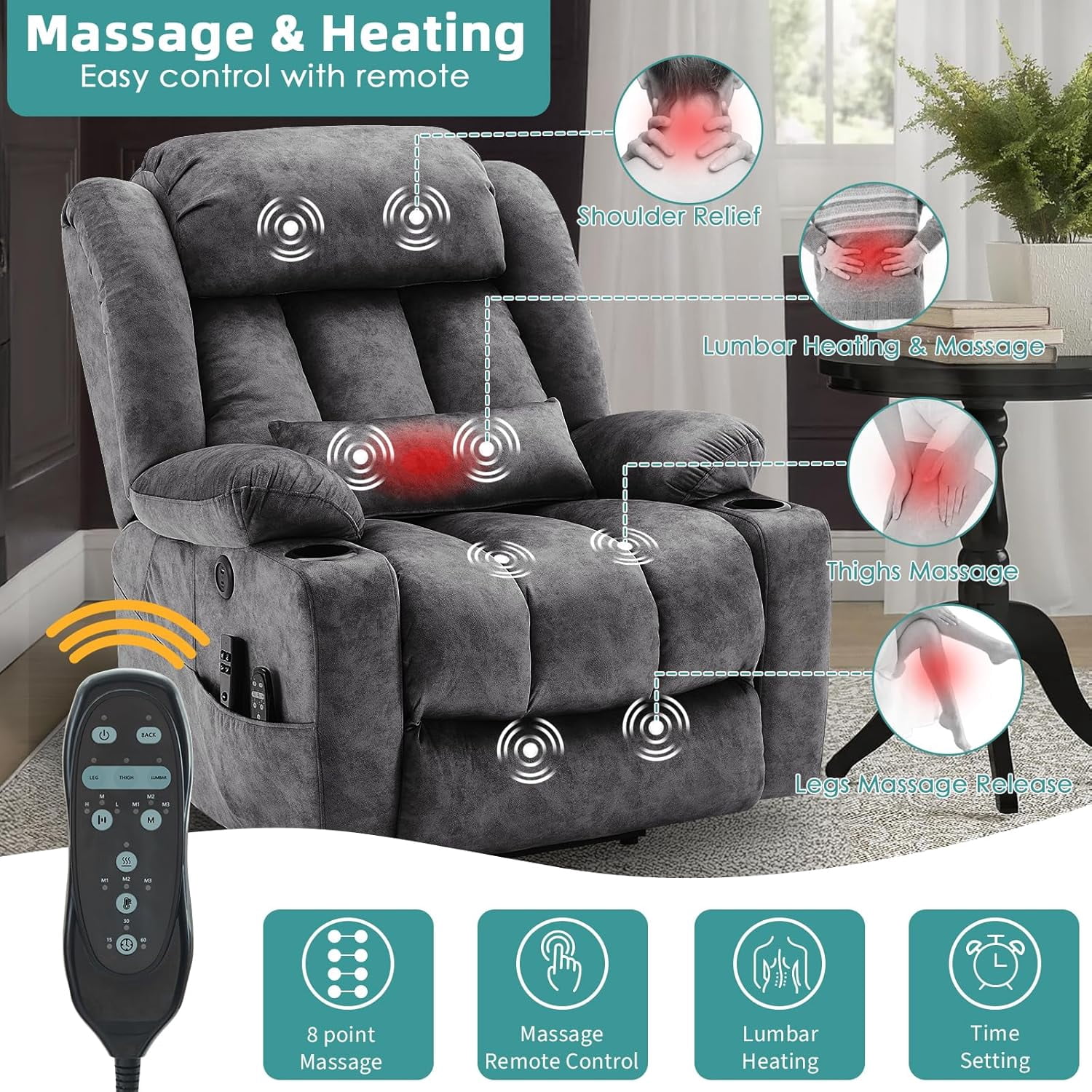 MEETWARM Oversized Dual Motor Lay Flat Power Lift Recliner Chair for Elderly with Heat Massage, Large Sleeping Electric Recliner with Extended Footrest, Lumbar Pillow, USB & Type-C Ports, Plush-Gray
