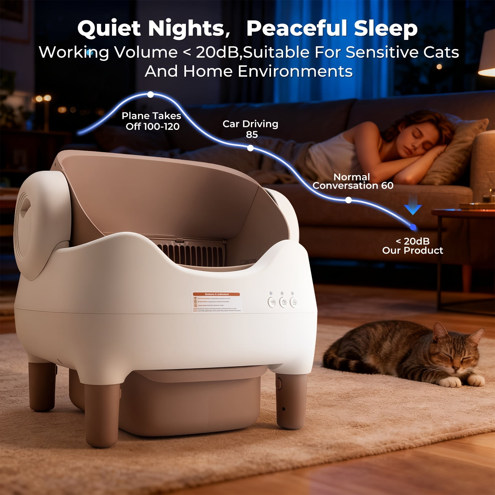 Extra Large Self-Cleaning Cat Litter Box, Smart App And Wifi Control, 3.43 Gal Capacity for Multi-Cat Homes. Features Odor Removal And 14-Day Hands-Free Care, Ideal for Busy Owners, Without Battery