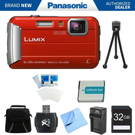 Panasonic LUMIX DMC-TS30 Active Tough Red Digital Camera 32GB Bundle - Includes Camera, 32GB Card, Compact Bag, Battery, Card Reader, Battery Charger, Mini Tripod, Screen Protectors, and Micro