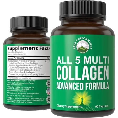 Peak Performance All 5 Multi-Collagen Capsules 90 Pills of Grass Fed Peptides Protein. with All 5 Collagen Types I, II, III,V, X. Grass Fed Beef, Fish, Chicken, Bone Broth Supplement